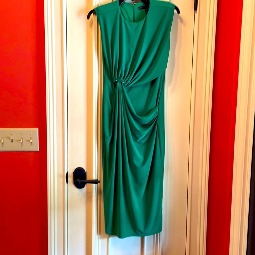 Kelly green polyester wrap dress with gold ring detail